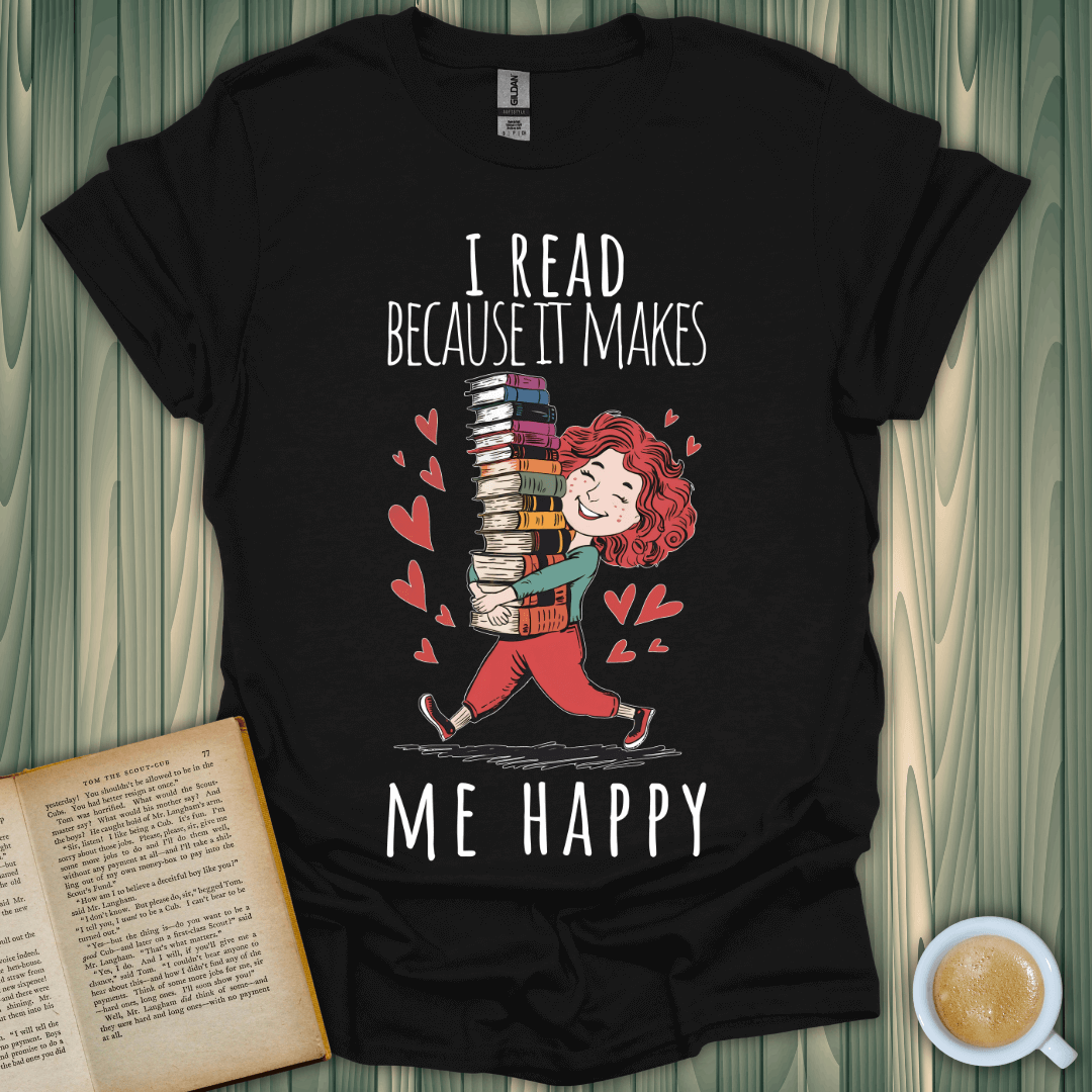 Book lover t-shirt featuring a joyful character with stacked books and the text I read because it makes me happy.