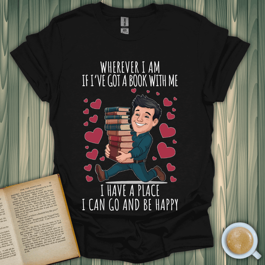 Book lover t-shirt featuring cheerful man with books, perfect for anyone who finds joy in reading.