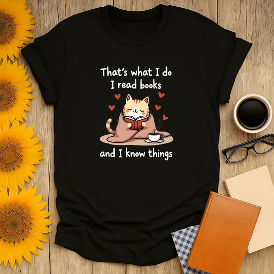 Cozy Kitty Reads T-Shirt for book lovers, featuring a cute cat design with book and coffee, perfect for casual wear.