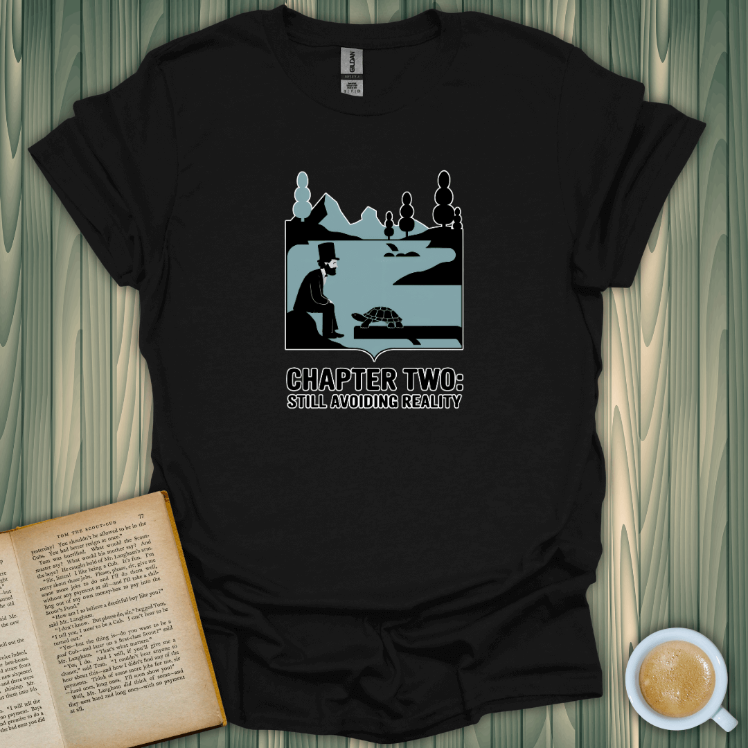 Still Avoiding Reality T-shirt featuring a turtle and a book lover design, perfect for casual wear and reading enthusiasts.