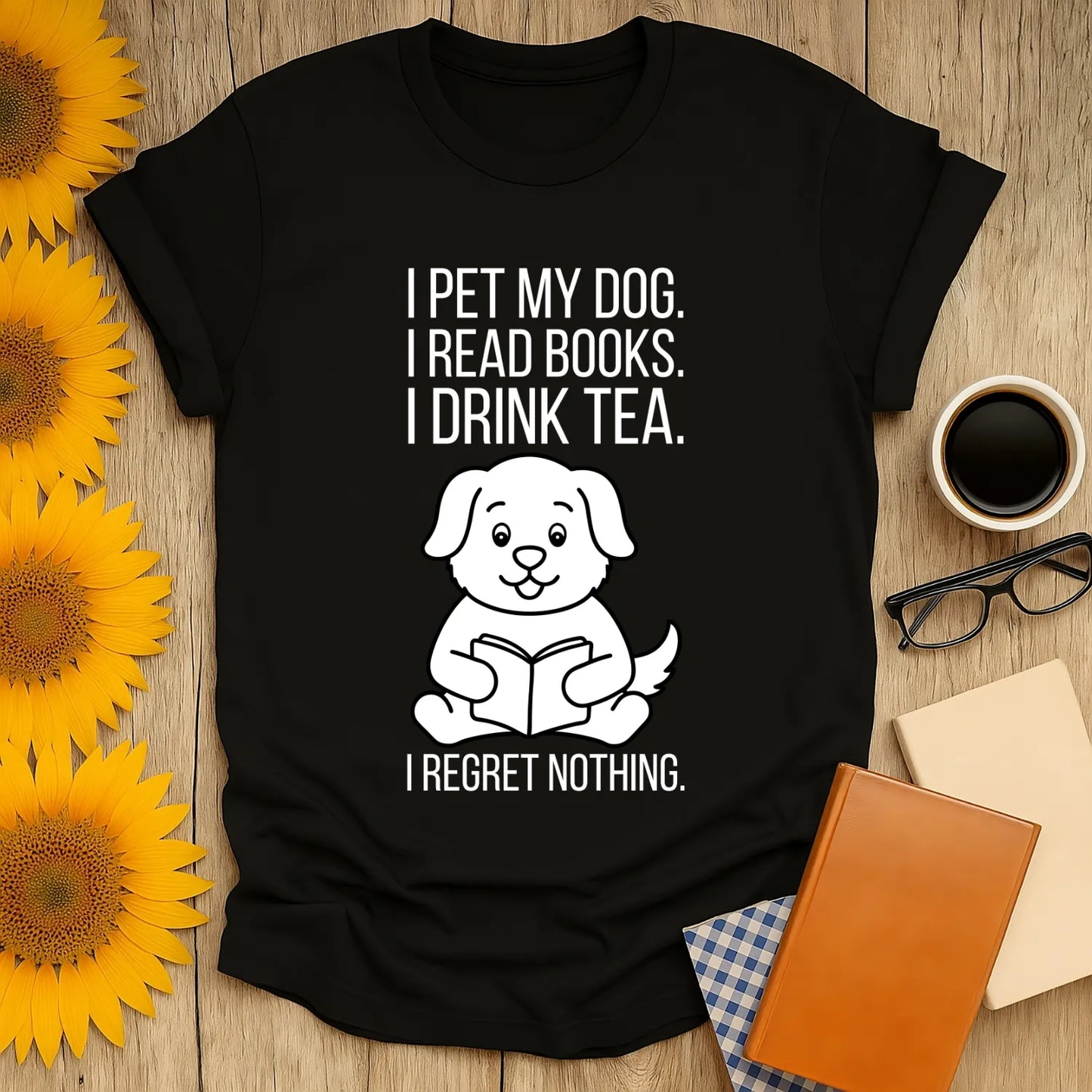 Cozy black shirt with a cute dog reading a book, text: "I pet my dog. I read books. I drink tea. I regret nothing." Perfect for book lovers.
