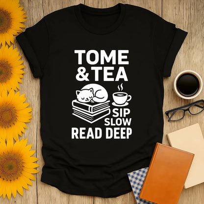 Tome & Tea t-shirt with a napping cat on books and a steaming cup. Perfect for book lovers who enjoy cozy reading and tea.