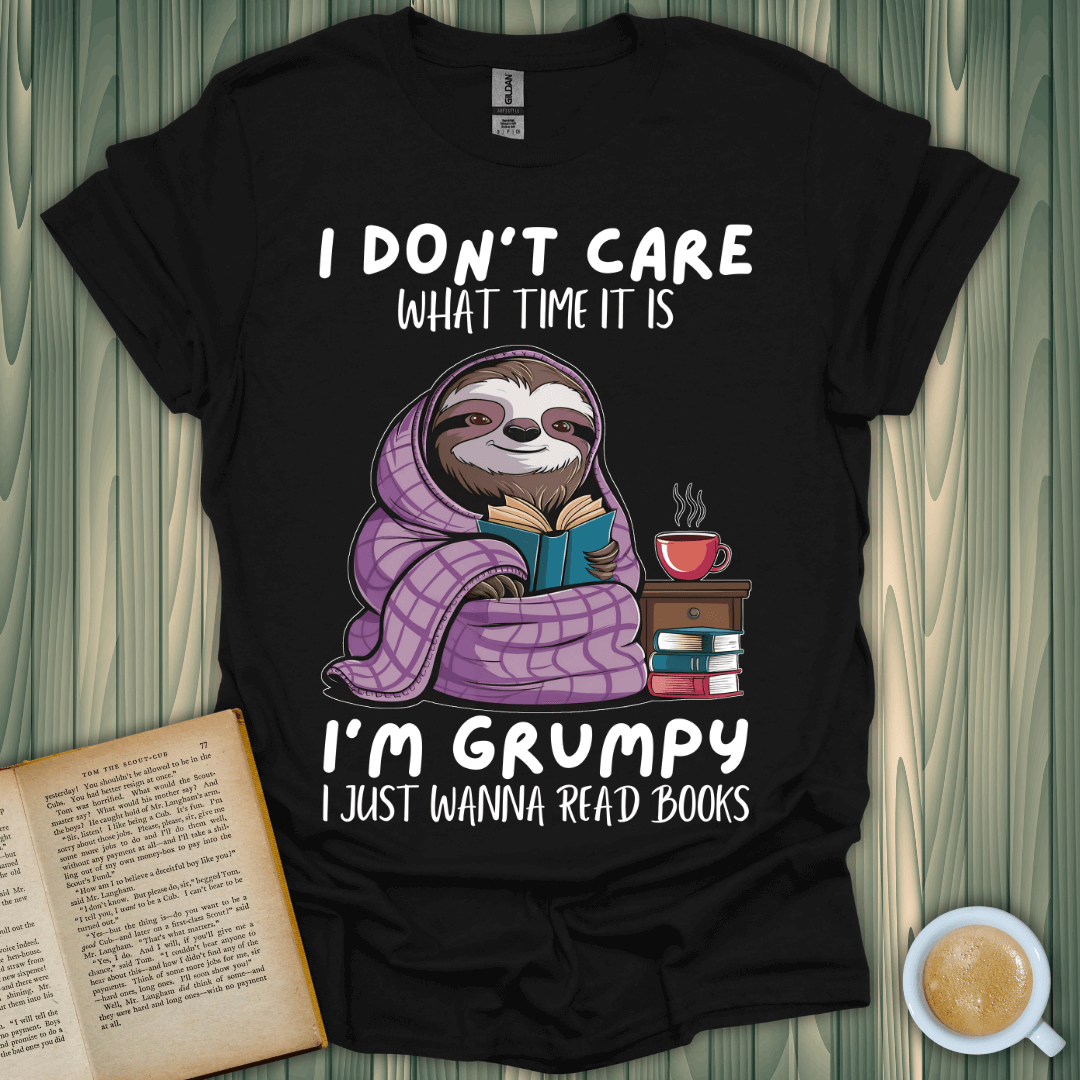 Grumpy sloth book lover t-shirt in black with humorous design, perfect for cozy reading moments.