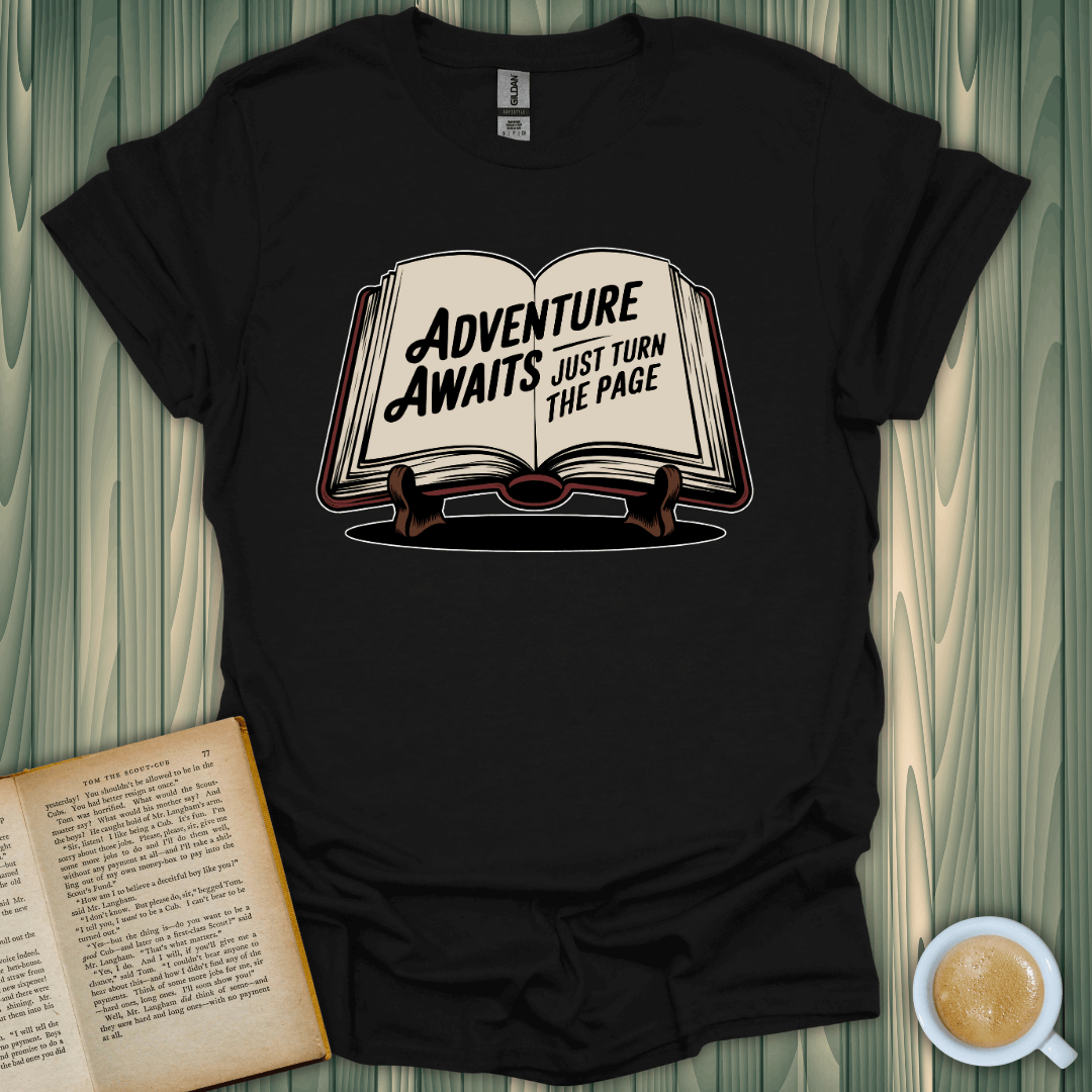 Adventure Awaits T-Shirt for book lovers, featuring a stylish open book design. Perfect for cozy reading adventures.