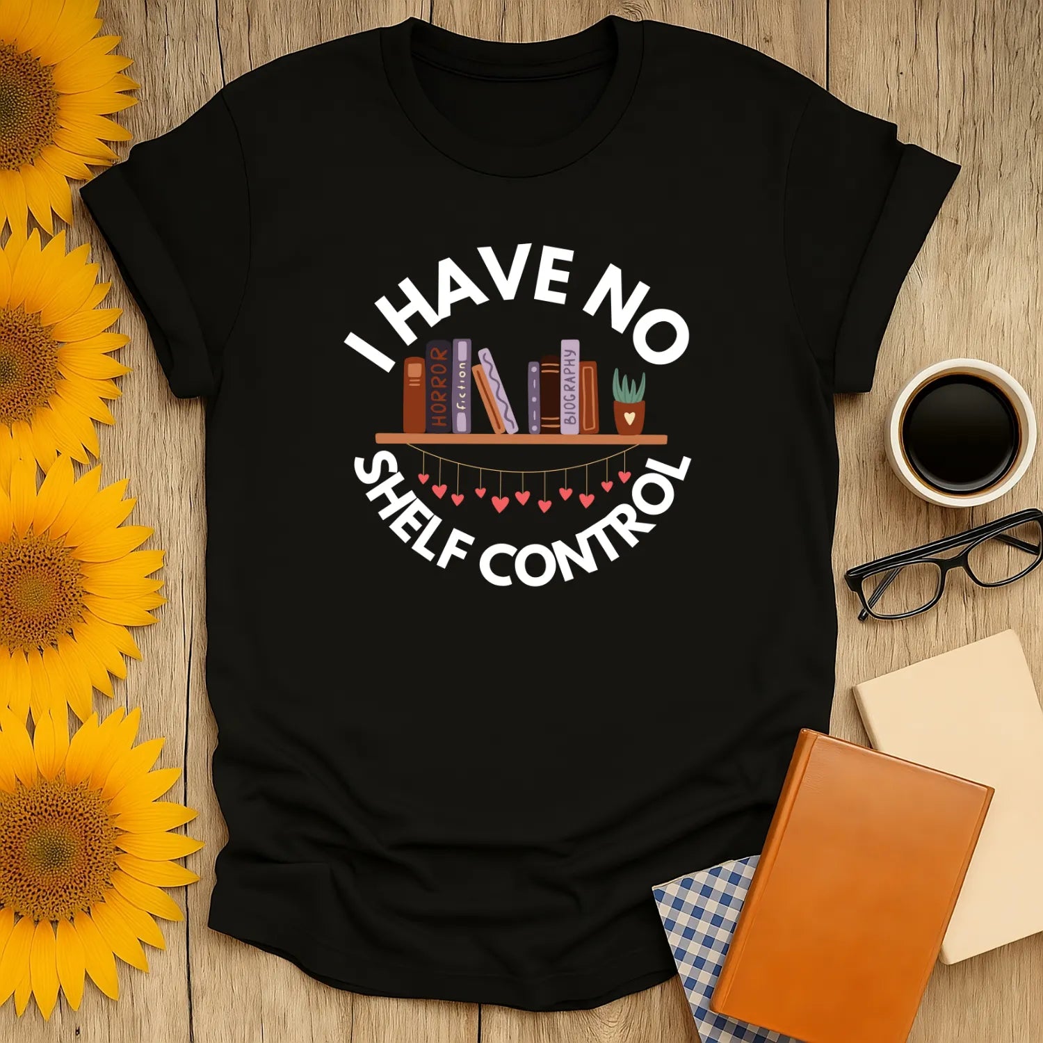 No Shelf Control T-Shirt in relaxed fit, perfect for book lovers. Cozy reading aesthetic tee for introverts and bibliophiles. 📖