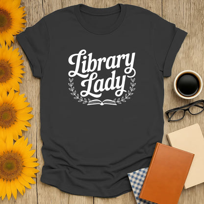 Cozy Library Lady t-shirt for book lovers, featuring elegant text and floral design, perfect gift for readers and cat lovers.