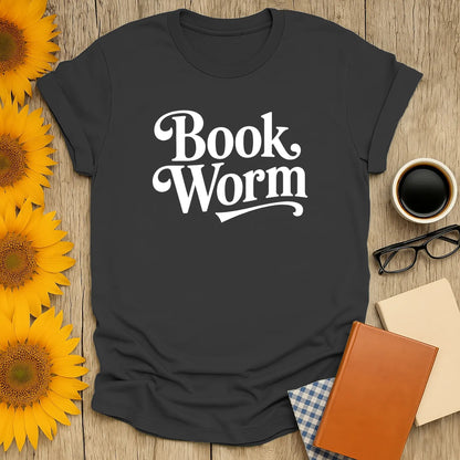 Bookworm Minimal T-Shirt in charcoal gray with playful lettering, a cozy must-have for book lovers and a perfect gift.