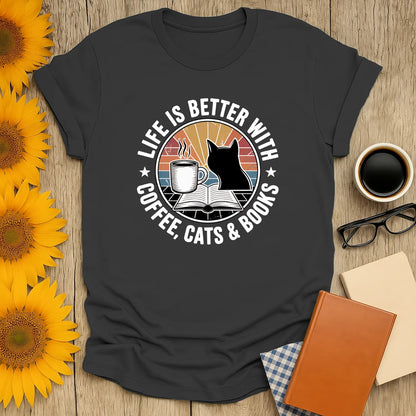 Life is Better With Coffee, Cats & Books shirt featuring a cat silhouette, book, and coffee mug—perfect for book lovers!