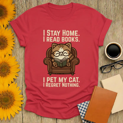 Armchair Cat Reader T-Shirt featuring a cozy cat in glasses reading, with humorous text about staying home and loving cats.