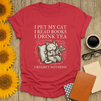 Tea, Cats & Books T-Shirt featuring a cozy cat, book, and tea design with humorous text for book lovers.