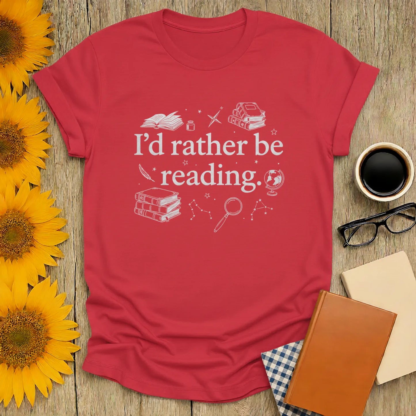 Rather Be Reading 2 T-Shirt featuring book icons, the phrase 'I’d rather be reading', perfect for cozy book lovers.