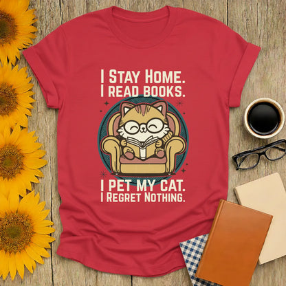 Retro Cat Reader T-Shirt featuring a glasses-wearing cat reading in a cozy armchair with bookish humor text, perfect for cat lovers.
