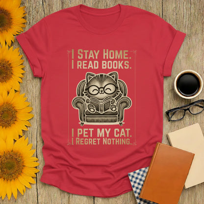 Vintage Cat Reader T-Shirt featuring a cat reading in an armchair, text "Stay Home. I Read Books. I Pet My Cat. Regret Nothing." Perfect gift for book lovers.