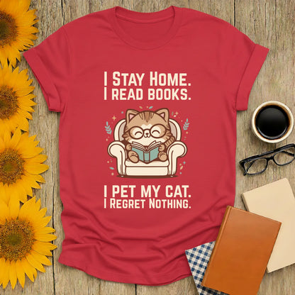Homebody Cat Reader T-Shirt featuring a cute cat in glasses reading with text: "I Stay Home. I Read Books. I Pet My Cat. I Regret Nothing." Perfect cozy gift for book lovers.