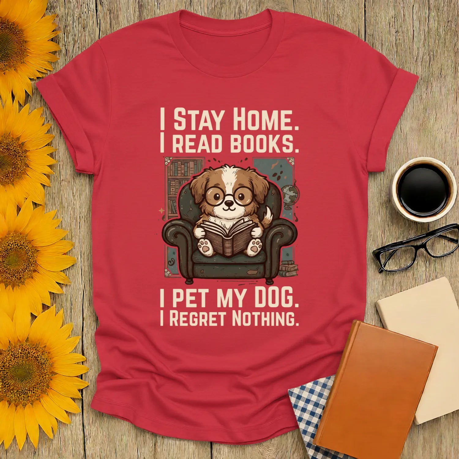 Library Dog Reader T-Shirt in pink with a cute dog reading books, perfect for funny book lovers and cozy reading enthusiasts.