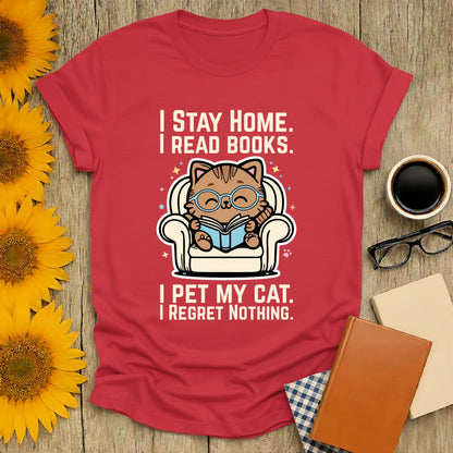 Starry Cat Reader T-Shirt featuring a cute cat in glasses reading while text states "I Stay Home. I Read Books. I Pet My Cat. I Regret Nothing."