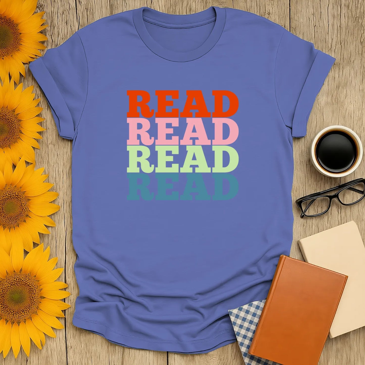 Read It Again T-Shirt, a vibrant literary shirt for book lovers, relaxed fit unisex shirt in organic cotton. Perfect cozy reading outfit! 📖