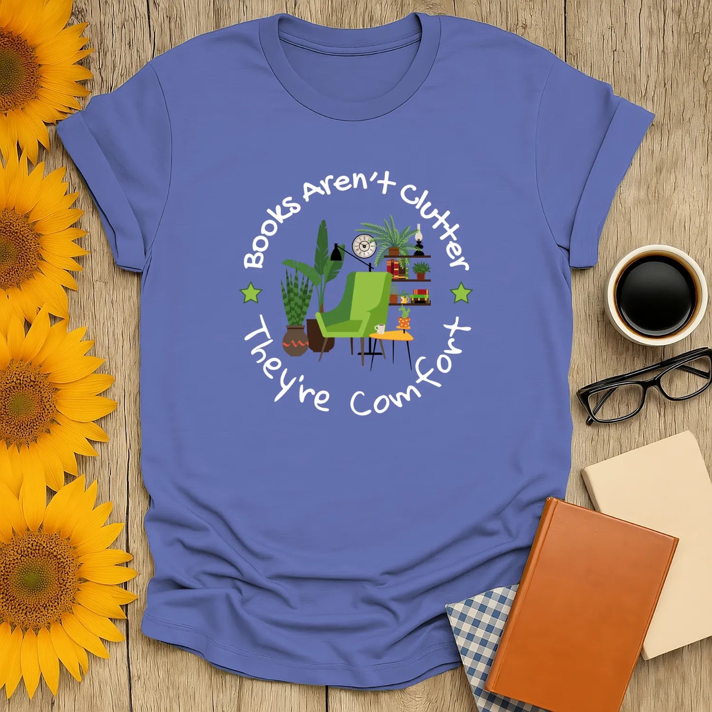 Bookish Comfort Zone T-Shirt features a cozy reading nook design, relaxed fit unisex organic cotton tee for book lovers 📖.