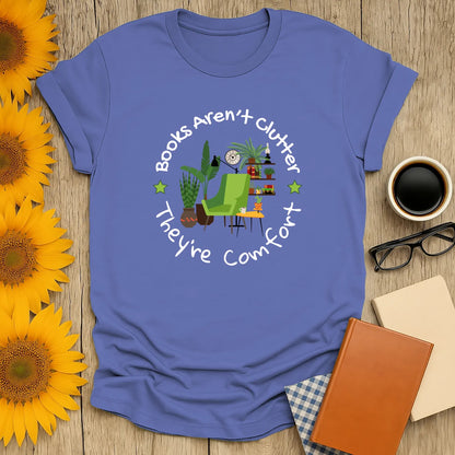 Bookish Comfort Zone T-Shirt features a cozy reading nook design, relaxed fit unisex organic cotton tee for book lovers 📖.