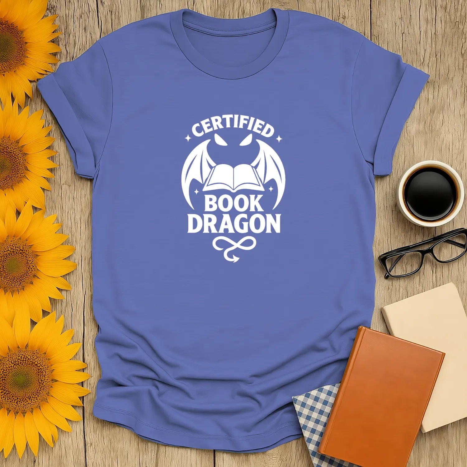 Certified Book Dragon T-Shirt with a cute dragon and book graphic, perfect for cozy reading vibes and gift giving!