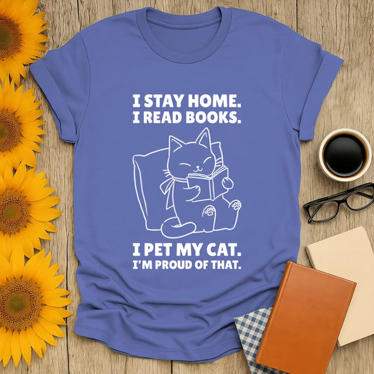 Cozy blue t-shirt with a proud cat illustration and funny reading quotes, perfect gift for cat-loving bookworms.