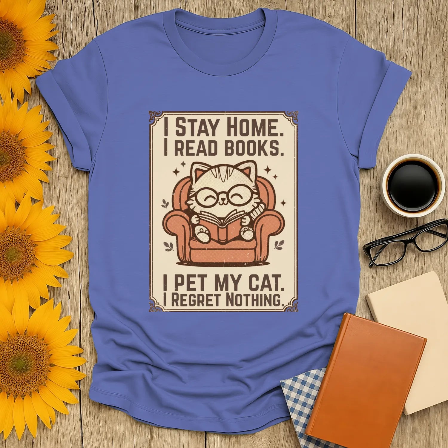 Poster Cat Reader T-Shirt featuring a cozy cat in glasses reading at home, with humorous text about books and pets, perfect gift for book lovers.