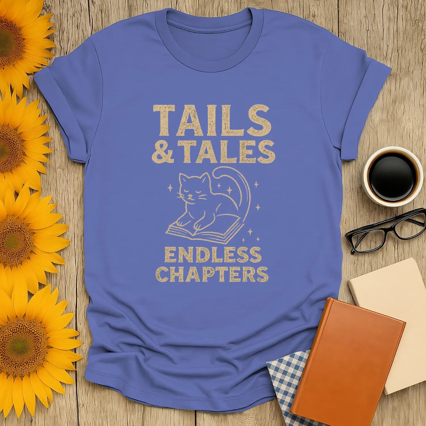 Tails & Tales shirt features a kitty on a book with text 'Endless Chapters'—ideal for cat-loving bookworms.