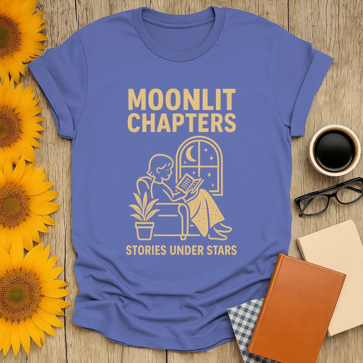 Moonlit Chapters T-Shirt featuring a reader under stars, perfect gift for book lovers who enjoy cats, coffee, or tea.
