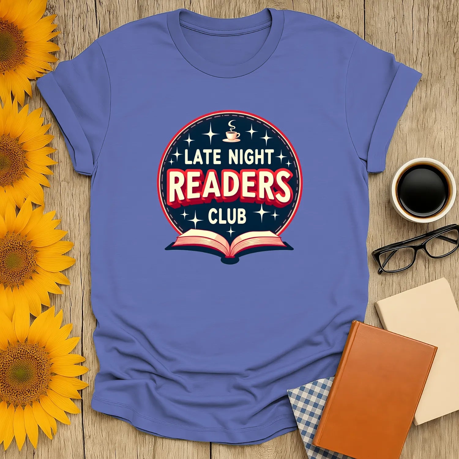 alt_tag: Late Night Club T-Shirt in relaxed fit, bookish design with stars, open book, and coffee—ideal for readers! ☕️📖