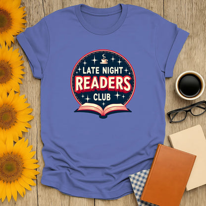 alt_tag: Late Night Club T-Shirt in relaxed fit, bookish design with stars, open book, and coffee—ideal for readers! ☕️📖