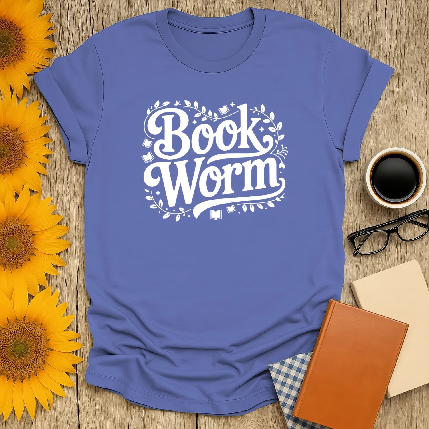 Cozy Bookworm T-Shirt in lavender with 'Book Worm' text, perfect gift for cat, coffee, tea-loving readers.