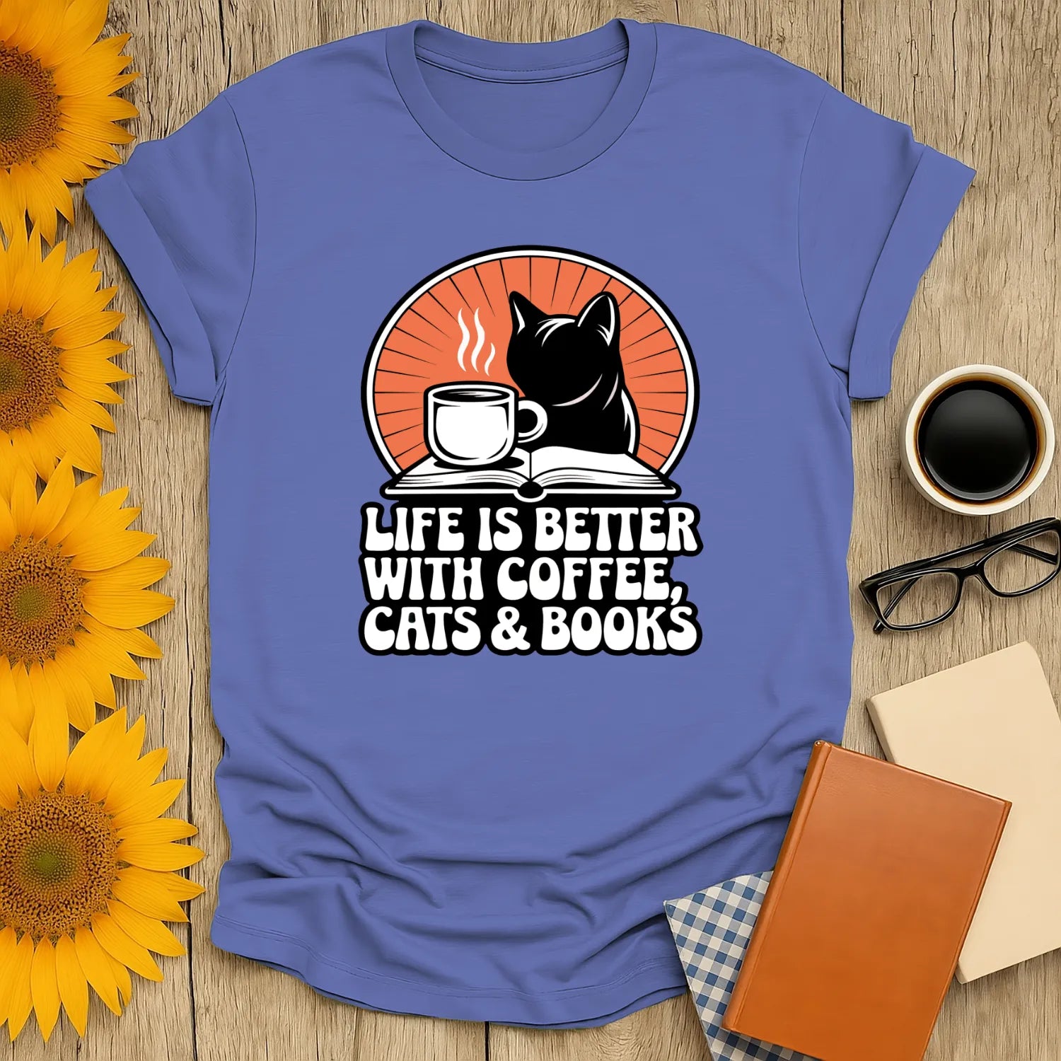 Funny reading tee featuring a cat, coffee cup, and text "Life is Better with Coffee, Cats & Books" – perfect gift for book lovers.
