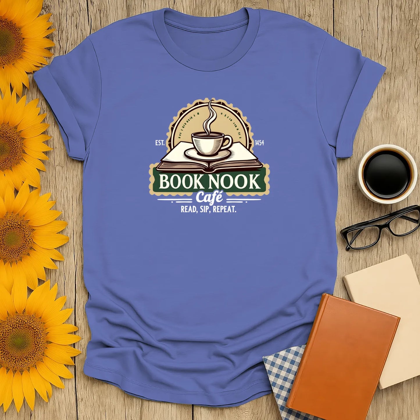 Book Nook Vibes T-Shirt with cozy café design, ideal for readers, introverts. Perfect organic cotton gift for bibliophiles! ☕️📖