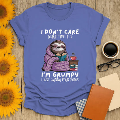 Grumpy Sloth, Book Lover T-Shirt featuring a cozy sloth design, perfect relaxed fit for readers. Ideal gift for bibliophiles! 📖