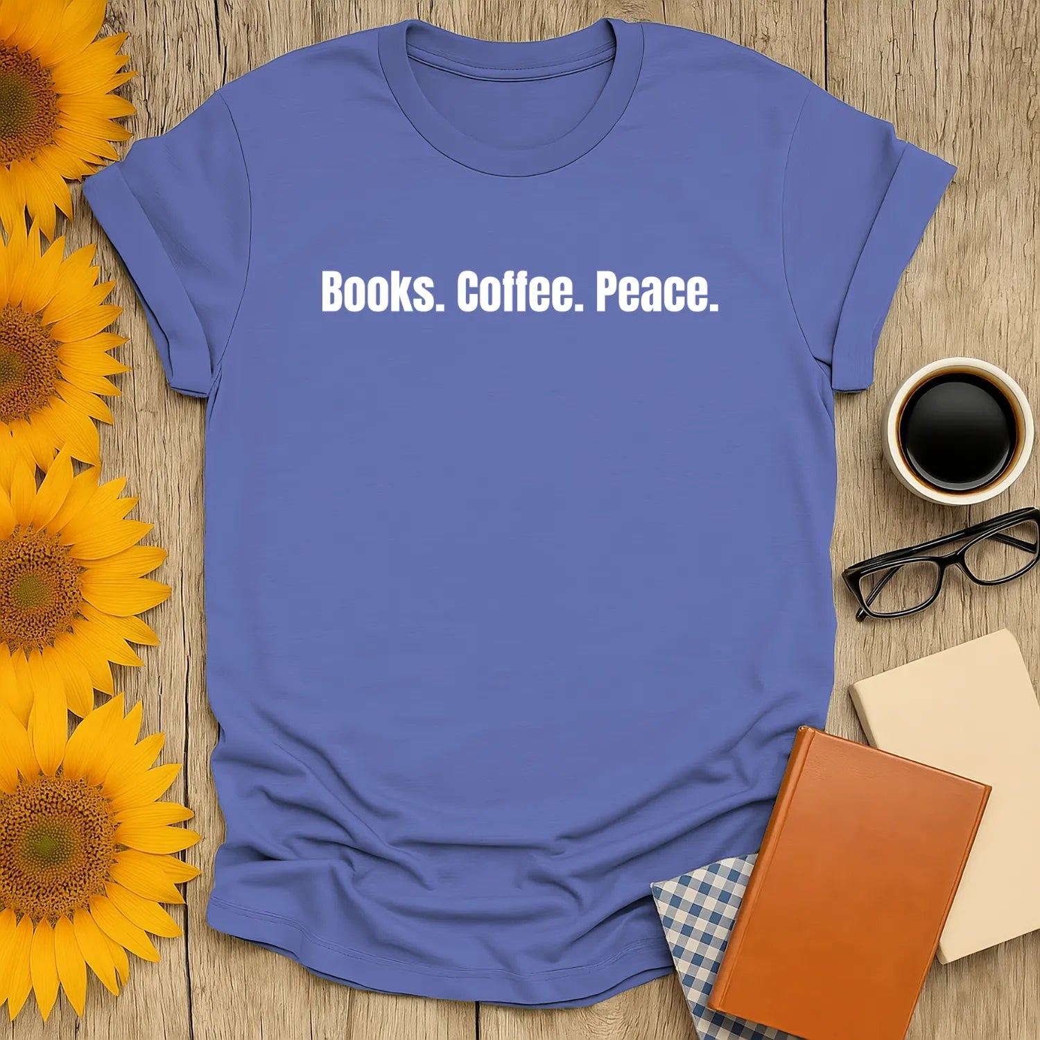 Blue 'Books. Coffee. Peace.' shirt, perfect gift for book lovers who adore cozy reading and a cuppa!