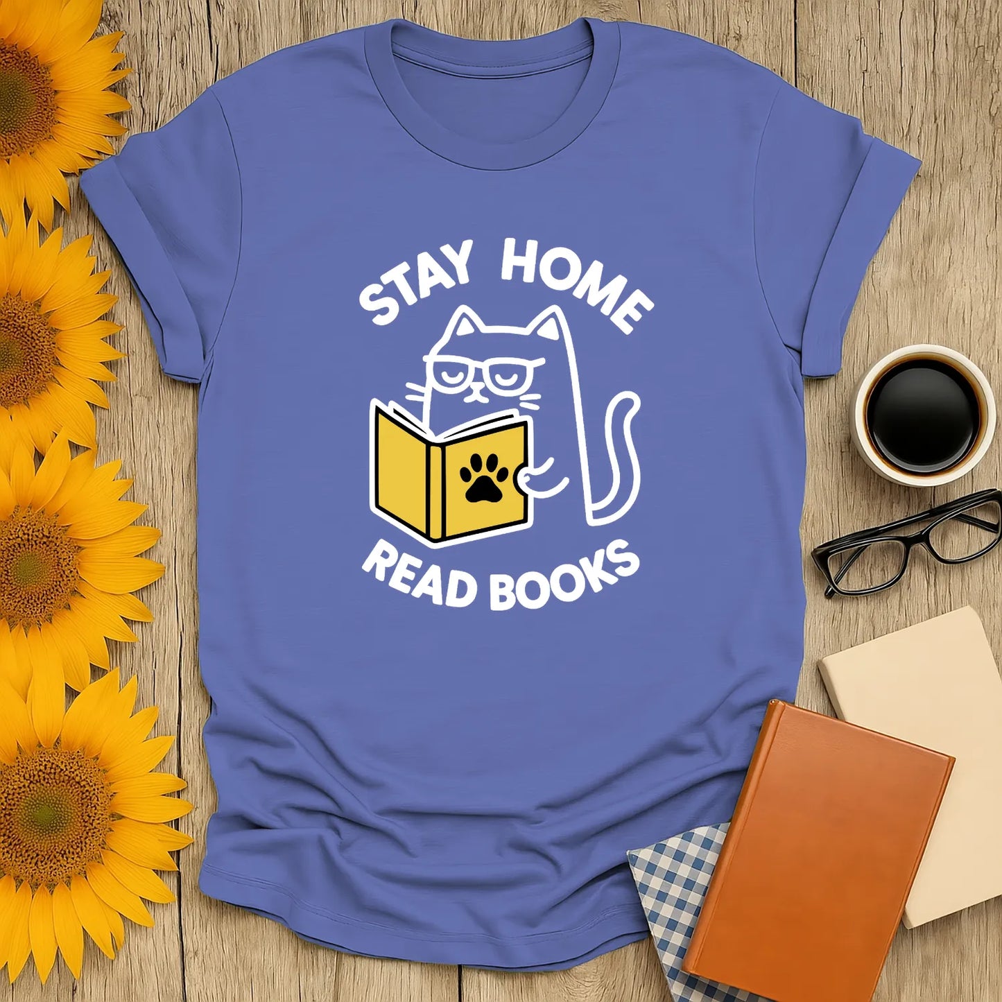 Funny cat reading shirt with text "Stay Home Read Books"—perfect for cozy book lovers and gifts for readers.