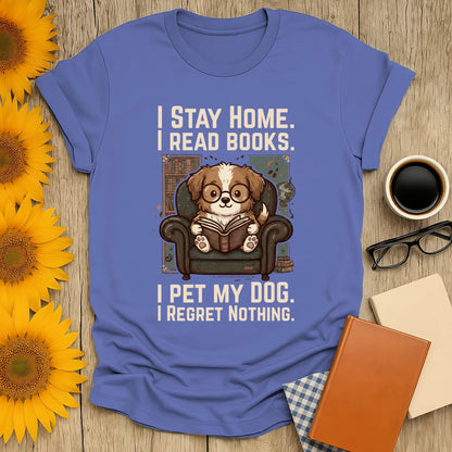 Library Dog Reader T-Shirt featuring a cute dog reading on a couch, perfect for dog lovers and book enthusiasts.