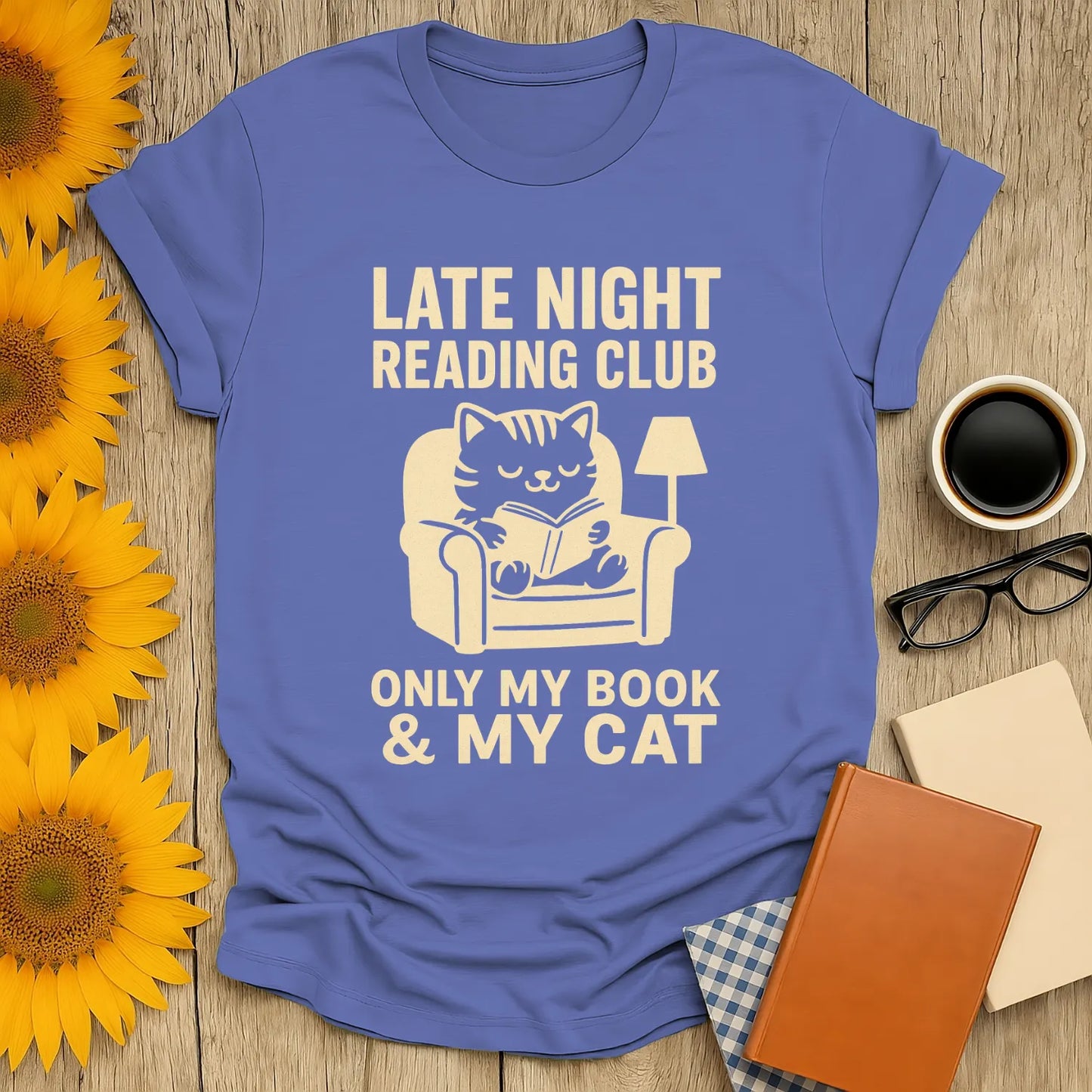 Cozy Late Night Reading Club tee with a cat and book, perfect for book lovers who enjoy cats and quiet evenings.