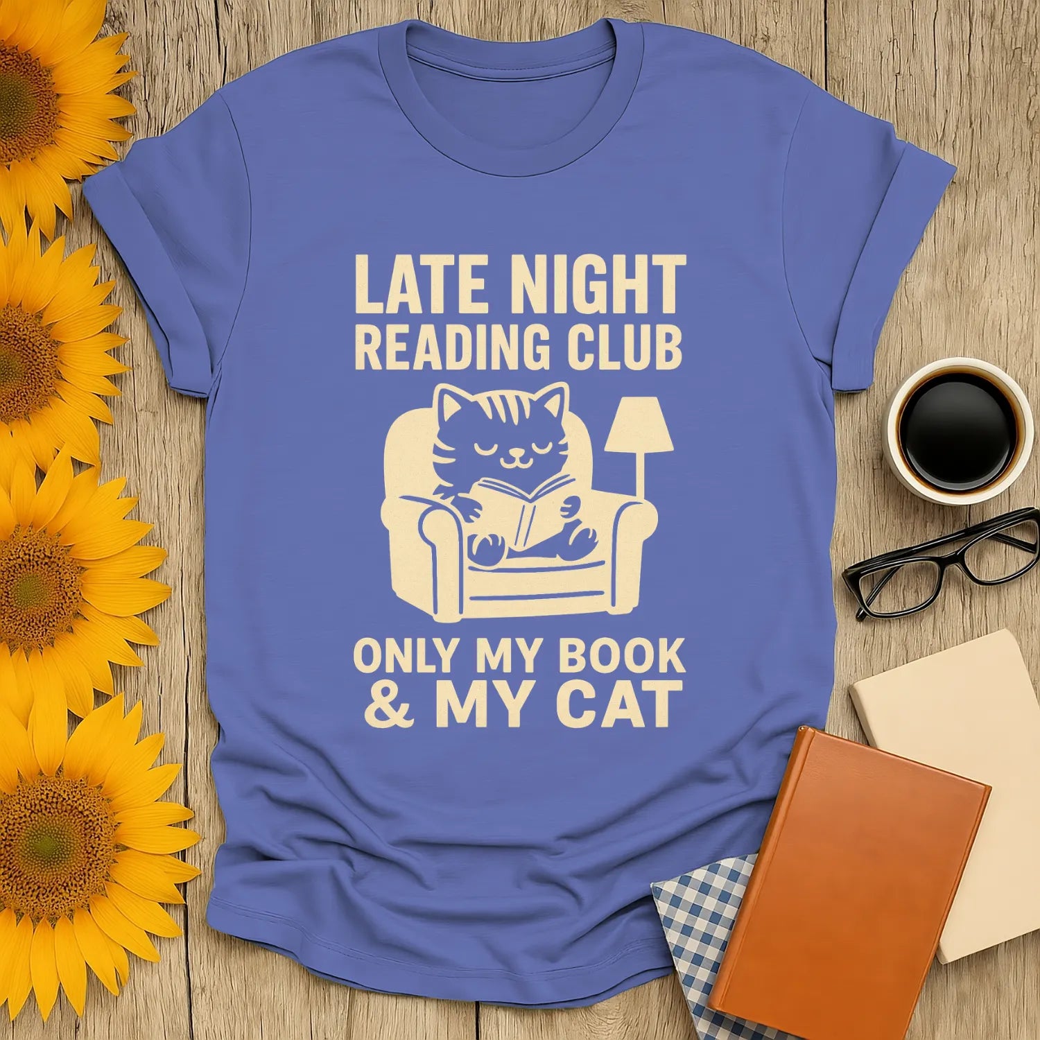 Cozy Late Night Reading Club tee with a cat and book, perfect for book lovers who enjoy cats and quiet evenings.