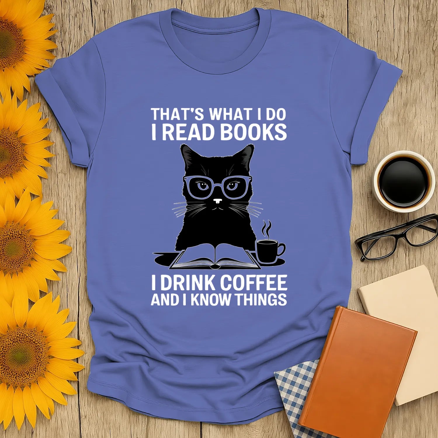 Funny cat reading shirt featuring a glasses-wearing cat with coffee, perfect for book lovers and cozy souls.