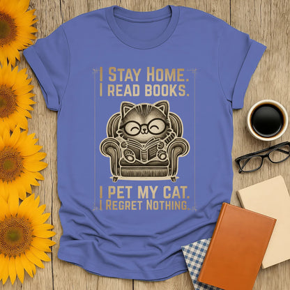 Vintage Cat Reader T-Shirt featuring a cozy cat in glasses reading, perfect for book lovers who enjoy cats and coffee.