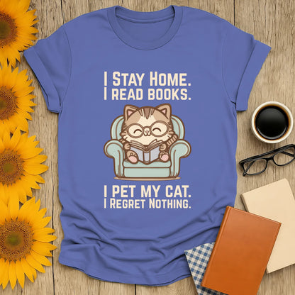 Comfy Cat Reader T-Shirt featuring a cute cat with glasses reading in an armchair, perfect for book lovers and cat enthusiasts.