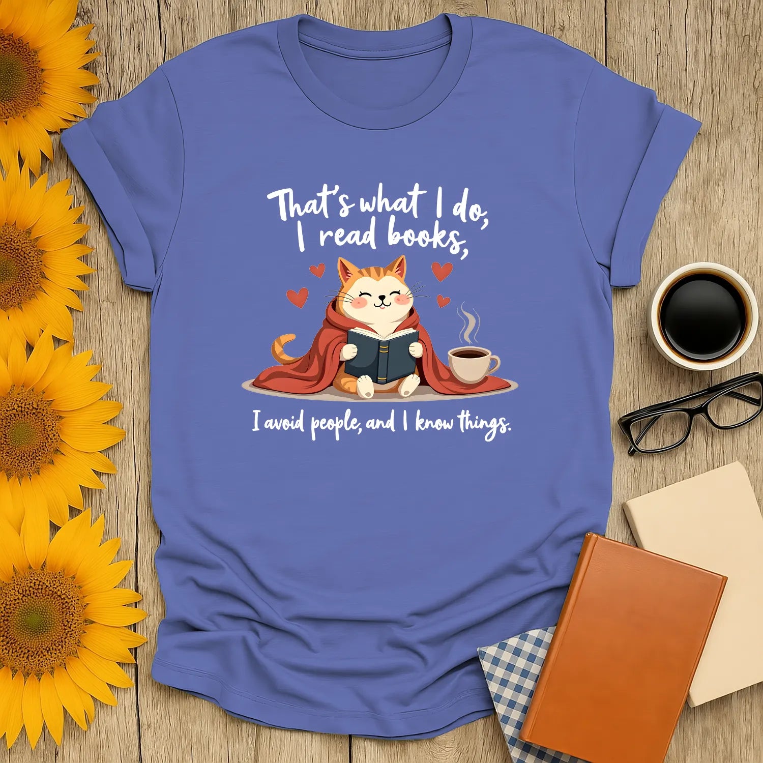 Funny cat reading shirt featuring a cozy kitty with a coffee cup and book, perfect for book lovers and introverts.