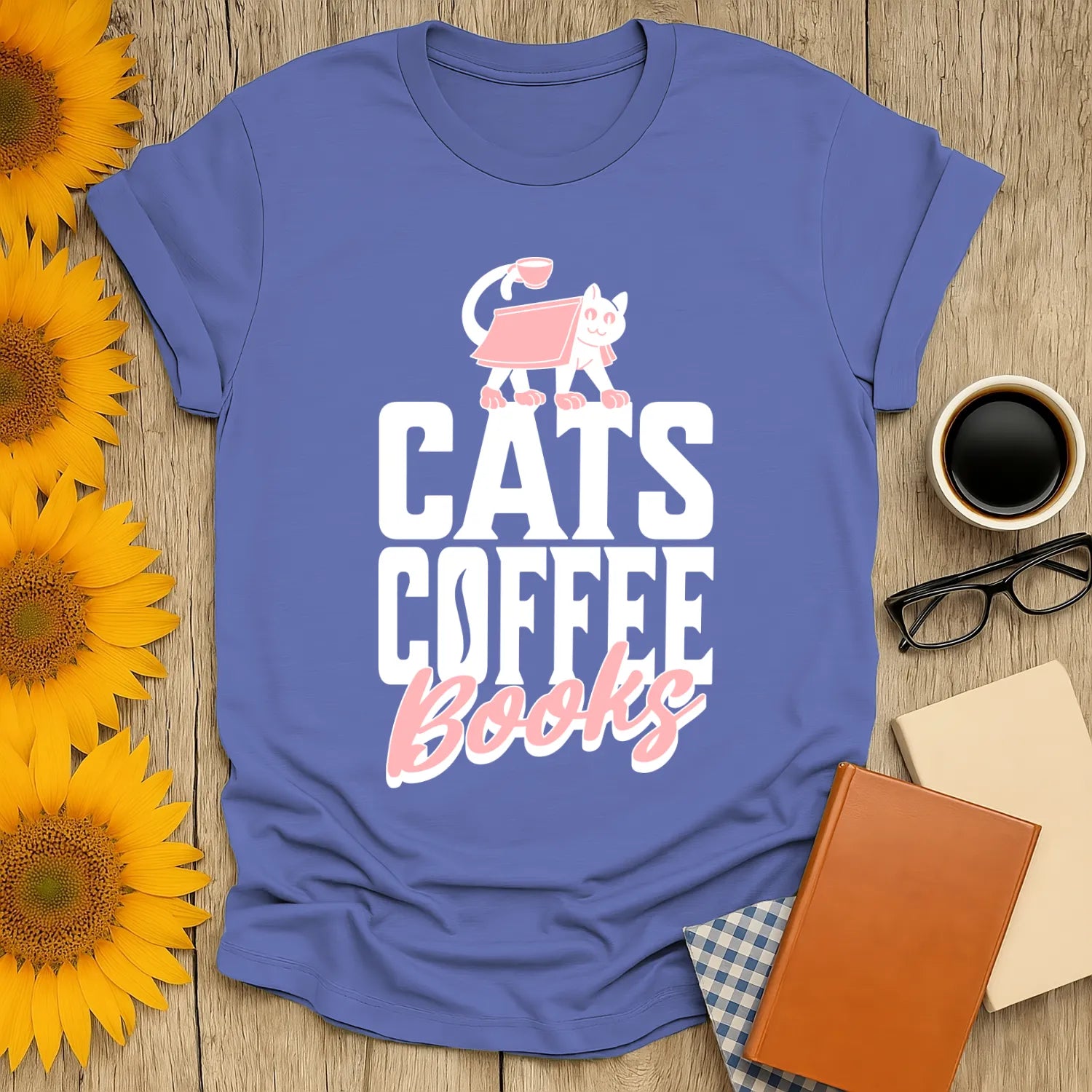Cats. Coffee. Books. T-Shirt features playful cat illustration and bold lettering; perfect gift for book lovers and coffee fans.