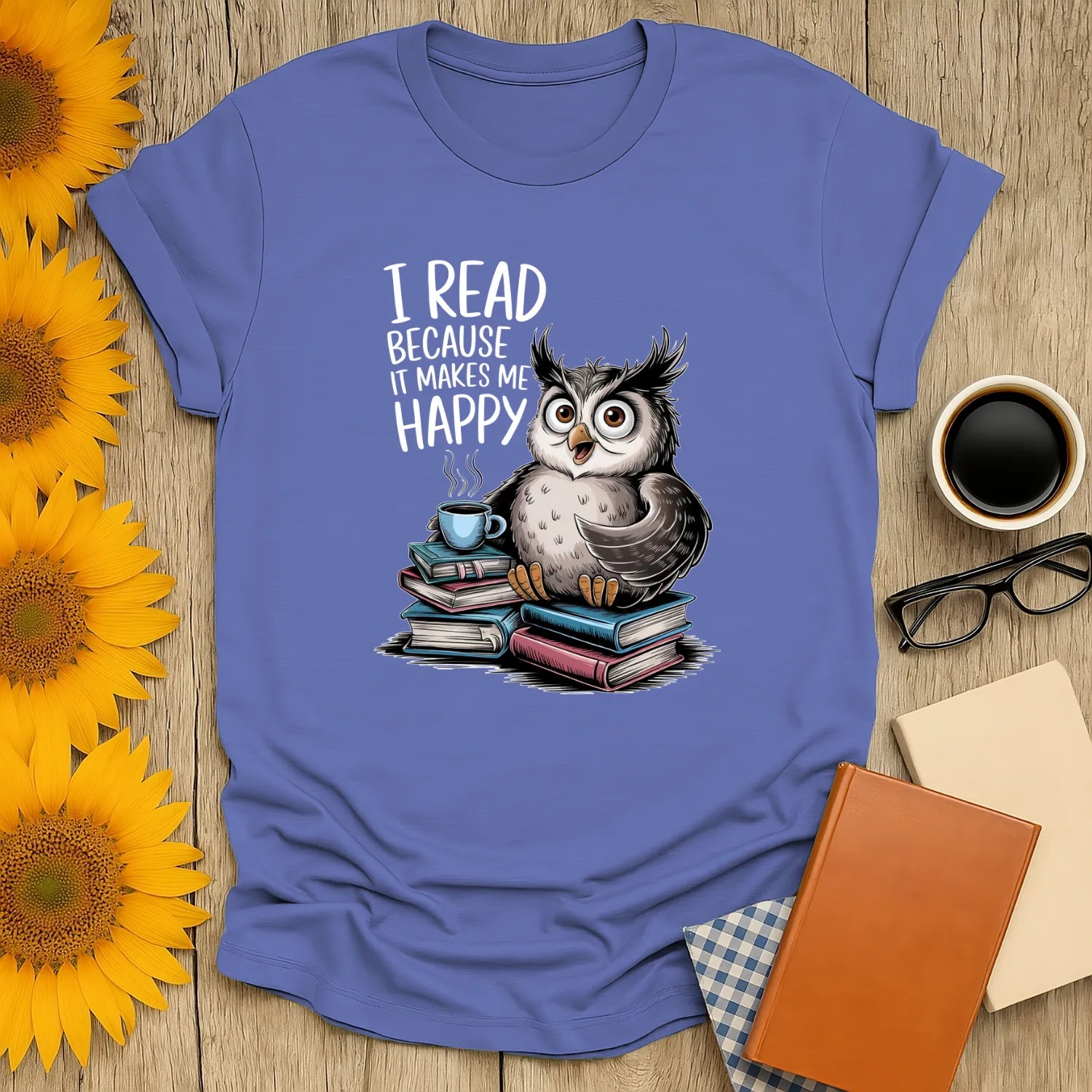 Happy Reader T-Shirt featuring an owl, books, and coffee for cozy reading vibes. Perfect book lover gift! 📖
