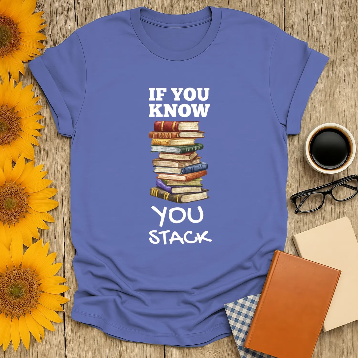 Stack Life T-Shirt in relaxed fit, featuring a playful book stack design. Ideal cozy outfit for book lovers 📖.