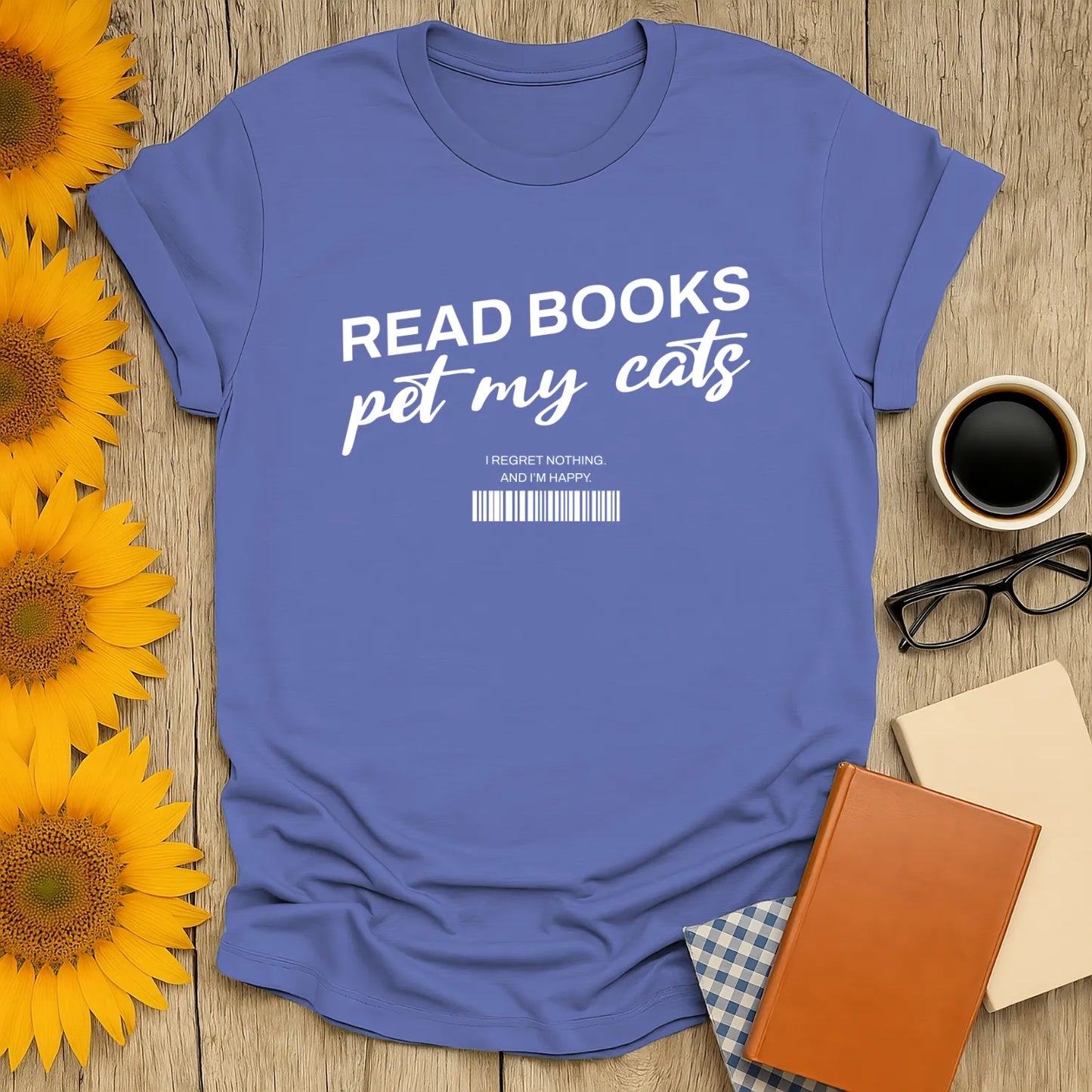 Barcode Reader T-Shirt featuring bold text 'READ BOOKS pet my cats' and a quirky barcode, perfect for book lovers and cat enthusiasts.