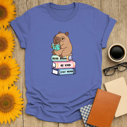 Capybara Reader T-Shirt featuring an adorable capybara on book stack, relaxed fit unisex tee, ideal for book lovers 📖.