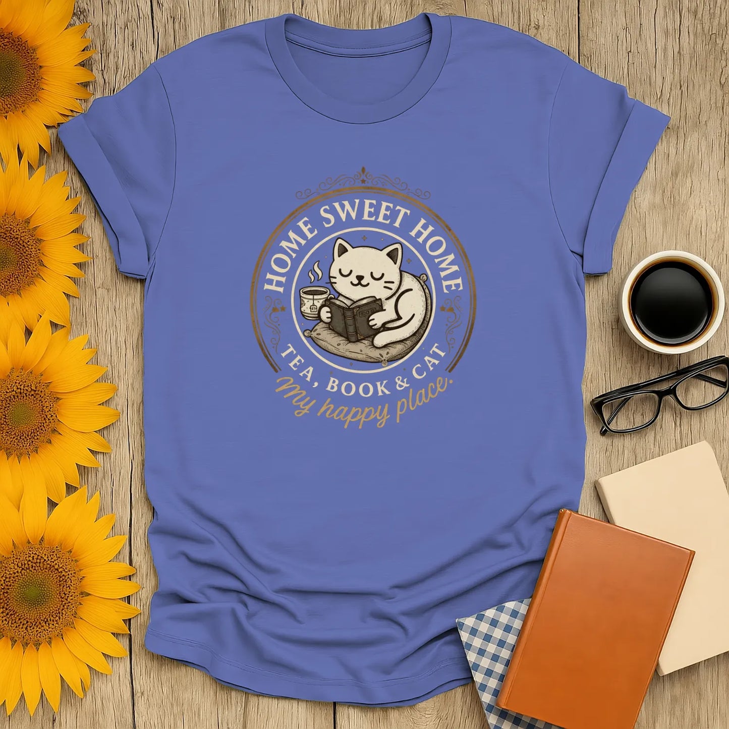 Happy Place Reader T-Shirt featuring a cozy cat with tea and books, perfect for book lovers and a great gift for readers.