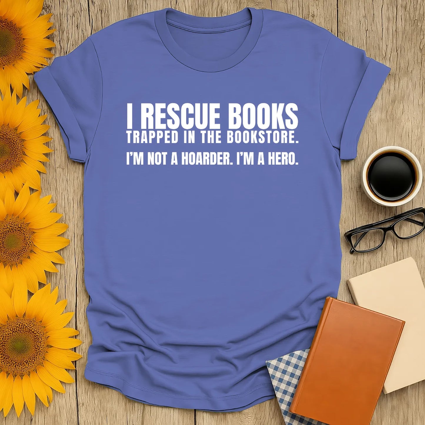 Cozy I Rescue Books T-Shirt with fun text for book lovers and a cat reading theme, perfect gift for readers.